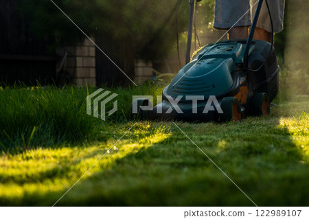 Freshly cut thick grass on the lawn, sunny day at sunset, low angle view. Green grass in the backyard, electric lawn mower 122989107