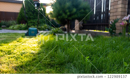 Freshly cut thick grass on the lawn, sunny day at sunset, low angle view. Green grass in the backyard, electric lawn mower 122989137
