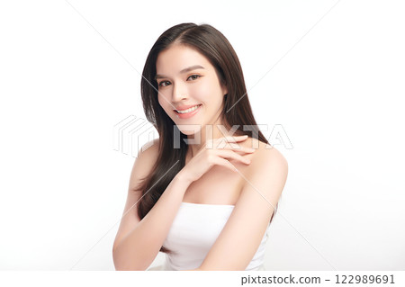 Beautiful young asian woman with clean fresh skin on white background, Face care, Facial treatment, Cosmetology, beauty and spa, Asian women portrait. 122989691