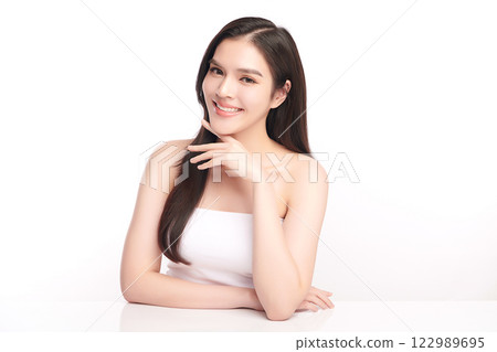 Beautiful young asian woman with clean fresh skin on white background, Face care, Facial treatment, Cosmetology, beauty and spa, Asian women portrait. 122989695