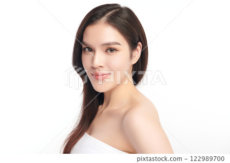 Beautiful young asian woman with clean fresh skin on white background, Face care, Facial treatment, Cosmetology, beauty and spa, Asian women portrait. 122989700