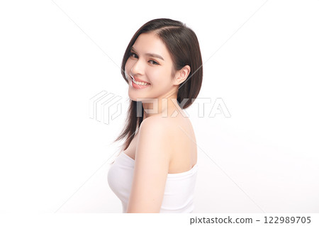 Beautiful young asian woman with clean fresh skin on white background, Face care, Facial treatment, Cosmetology, beauty and spa, Asian women portrait. 122989705