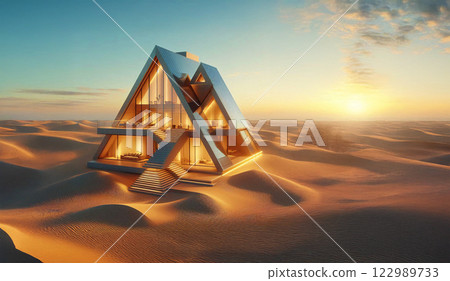 house on sand beach in sunset time 122989733