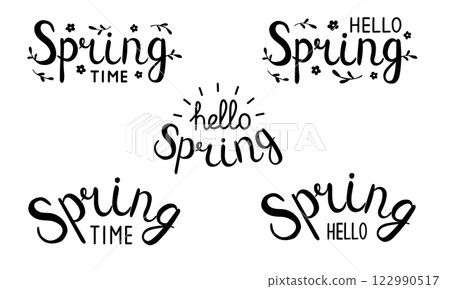 Hello Spring and Spring Time lettering typography set in handwritten style, vector Hello Spring and Spring Time lettering typography set in handwritten style, vector 122990517