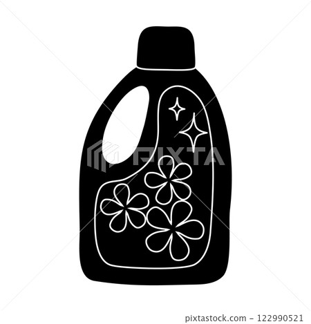 Black silhouette of bottle with cleaning or washing detergent, with flowers, glyph icon flat vector 122990521