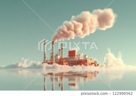Industrial Power Plant Emitting Smoke Against Clear Sky and Water Reflection at Sunrise Industrial Power Plant Emitting Smoke Against Clear Sky and Water Reflection at Sunrise 122990562
