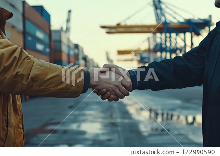 Professional handshake at a shipping yard symbolizing partnerships and collaborative ventures 122990590