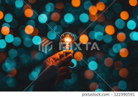 Bright Light Bulb Against Colorful Bokeh Background with Orange and Blue Shapes 122990591