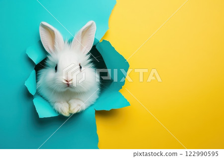 A white rabbit is peeking out from a hole in a blue background 122990595
