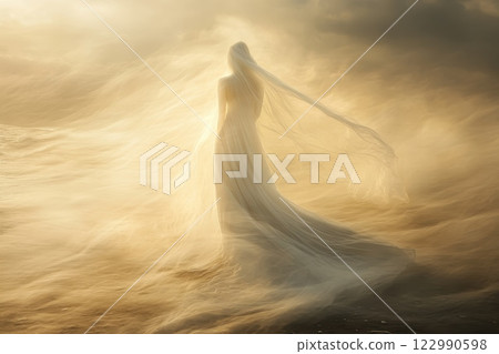 A woman in a white dress is standing in the ocean A woman in a white dress is standing in the ocean 122990598