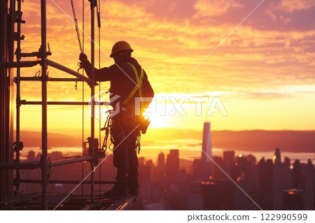 Construction Worker on Scaffold at Sunset Overlooking City Skyline with Vibrant Orange Sky 122990599