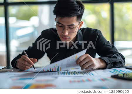 A man is sitting at a desk with a pen and a piece of paper 122990600