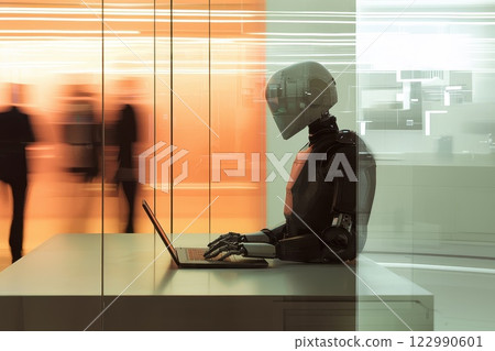 Futuristic Robot Working on Laptop in Modern Office Environment with Blurred Human Figures 122990601