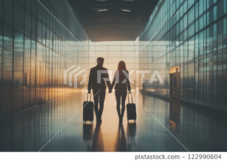 Romantic Couple Silhouette Holding Hands in Modern Airport Terminal Romantic Couple Silhouette Holding Hands in Modern Airport Terminal 122990604