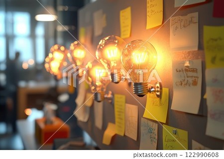 Illuminated Light Bulbs Against a Background of Yellow Sticky Notes in a Creative Workspace Illuminated Light Bulbs Against a Background of Yellow Sticky Notes in a Creative Workspace 122990608