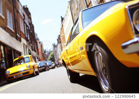 A yellow car is driving down a street with other cars in the background A yellow car is driving down a street with other cars in the background 122990645