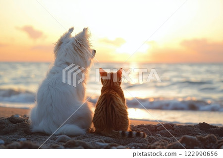 Dog and Cat Observing a Beautiful Sunset Together on the Beach by the Ocean Waves Dog and Cat Observing a Beautiful Sunset Together on the Beach by the Ocean Waves 122990656