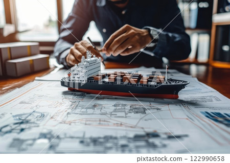 Businessman Planning Operations with Ship Model and Maritime Documents on Office Desk 122990658