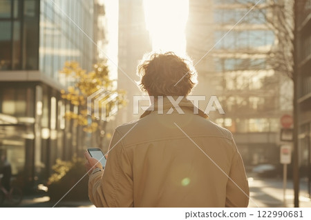 Person Holding Smartphone Walking Down Urban Street with Sunlight in Downtown City Person Holding Smartphone Walking Down Urban Street with Sunlight in Downtown City 122990681