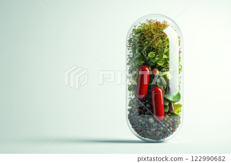 Ultra Realistic 3D Render of Medicine Capsule with Plant Elements Ultra Realistic 3D Render of Medicine Capsule with Plant Elements 122990682