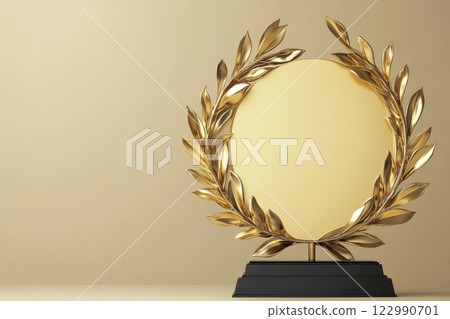 A gold wreath with a blank center sits on a black base A gold wreath with a blank center sits on a black base 122990701