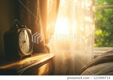 Vintage Alarm Clock Near Window with Sunlight Streaming Through Sheer Curtains 122990714