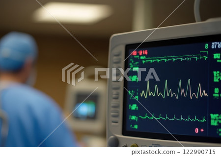 Medical Monitor Displaying Heart Rate and Vital Signs in Hospital Environment 122990715