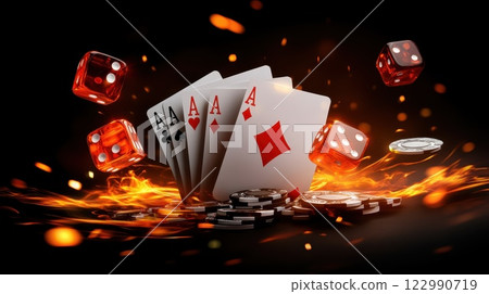 High-Stakes Card Game with Aces, Dice, and Chips Sparked by Flames in Dark Background 122990719
