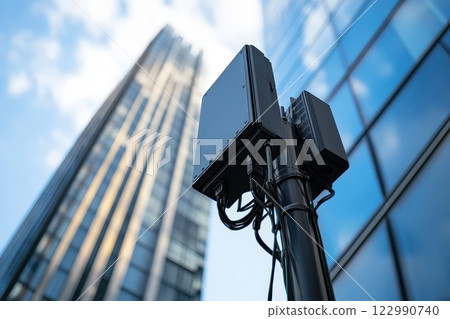 Modern Urban Communication Equipment on Pole with Glass Building Background in Cityscape Modern Urban Communication Equipment on Pole with Glass Building Background in Cityscape 122990740