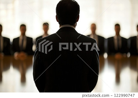 A man in a suit stands in front of a group of men in suits. Concept of authority and professionalism 122990747