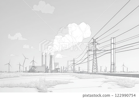A black and white drawing of a power plant with a lot of smoke coming out of it 122990754