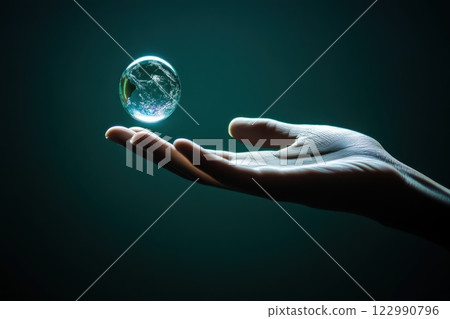 Person Holding a Transparent Globe with Earth Emerging in Hand 122990796