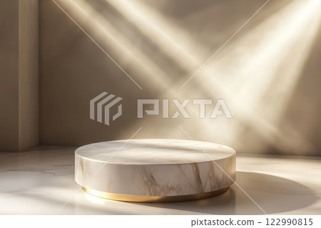 Elegant Round Marble Display Stand with Subtle Golden Base in Bright Indoor Space 122990815