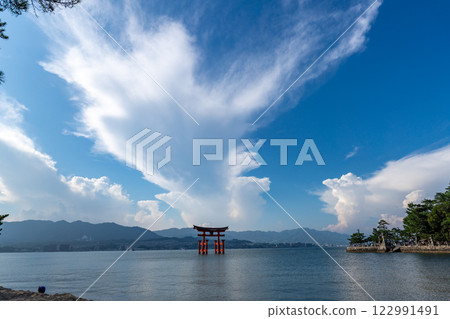 The torii gate of Itsukushima Shrine in Hiroshima during the day The torii gate of Itsukushima Shrine in Hiroshima during the day 122991491