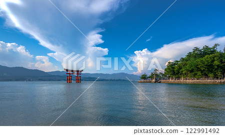 The torii gate of Itsukushima Shrine in Hiroshima during the day The torii gate of Itsukushima Shrine in Hiroshima during the day 122991492