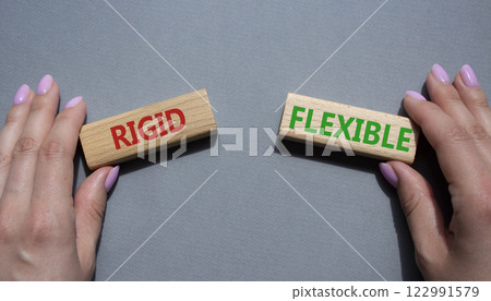 Rigid or Flexible symbol. Concept word Rigid or Flexible on wooden blocks. Businessman hand. Beautiful grey background. Business and Rigid or Flexible concept. Copy space 122991579