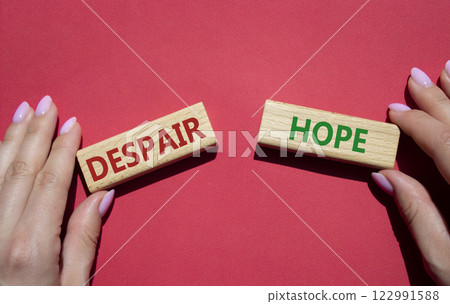Despair or Hope symbol. Concept word Despair or Hope on wooden blocks. Businessman hand. Beautiful red background. Business and Despair or Hope concept. Copy space 122991588