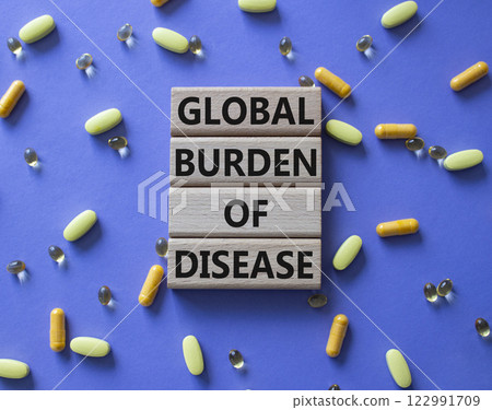 Global Burden of Disease symbol. Concept word Global Burden of Disease on wooden blocks. Beautiful purple background with pills. Medicine Global Burden of Disease concept. Copy space Global Burden of Disease symbol. Concept word Global Burden of Disease on wooden blocks. Beautiful purple background with pills. Medicine Global Burden of Disease concept. Copy space 122991709