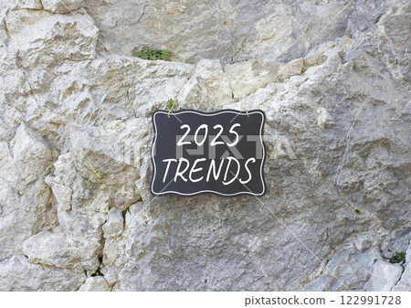 2025 Trends symbol. Stone wall with words 2025 Trends. Beautiful stone background. Business and 2025 Trends concept. Copy space. 122991728
