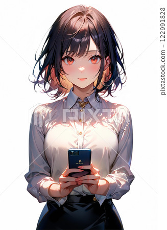 A woman in a suit manipulating a smartphone 122991828
