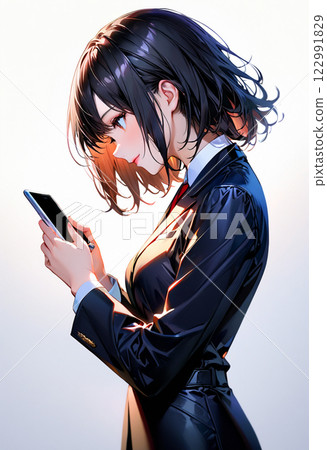 A woman in a suit that uses a smartphone 122991829