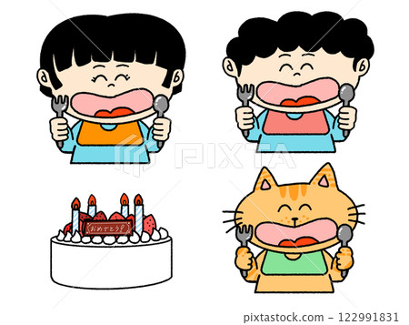 Set of children and cats eating birthday cake 122991831