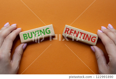 Buying or Renting symbol. Concept word Buying or Renting on wooden blocks. Businessman hand. Beautiful orange background. Business and Buying or Renting concept. Copy space 122991890