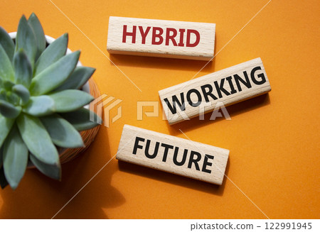 Hybrid Working Future symbol. Wooden blocks with words Hybrid Working Future. Beautiful orange background with succulent plant. Business concept. Copy space. Hybrid Working Future symbol. Wooden blocks with words Hybrid Working Future. Beautiful orange background with succulent plant. Business concept. Copy space. 122991945