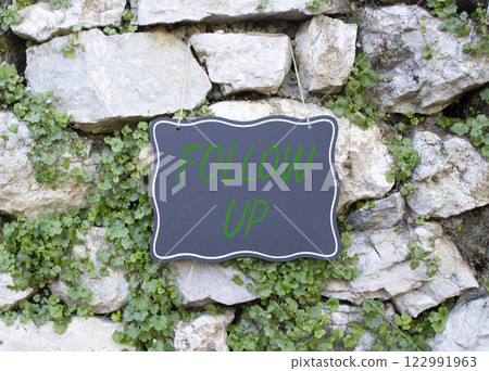 Follow up symbol. Stone wall with words Follow up. Beautiful stone background with plants. Business and Follow up concept. Copy space. 122991963