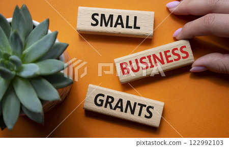 Small Business Grants symbol. Wooden blocks with words Small Business Grants. Beautiful orange background with succulent plant. Businessman hand. Business and Contact us now concept. Copy space. 122992103