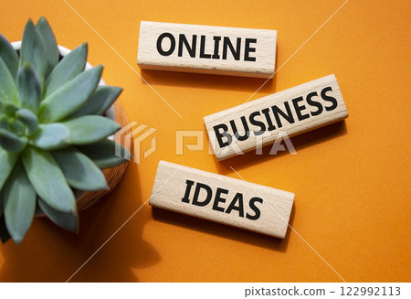 Online Business Ideas symbol. Wooden blocks with words Online Business Ideas. Beautiful orange background with succulent plant. Business concept. Copy space. 122992113
