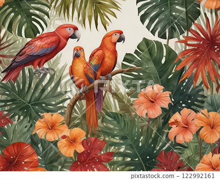 Tropical Macaw & Hibiscus Print of Vibrant Jungle Art 122992161