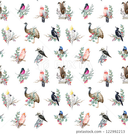 Australia native birds watercolor illustration seamless pattern decor element. Hand drawn cockatoo, fairy wren, kookaburra, magpie, emu with eucalyptus branches, flowers on white background Australia native birds watercolor illustration seamless pattern decor element. Hand drawn cockatoo, fairy wren, kookaburra, magpie, emu with eucalyptus branches, flowers on white background 122992213