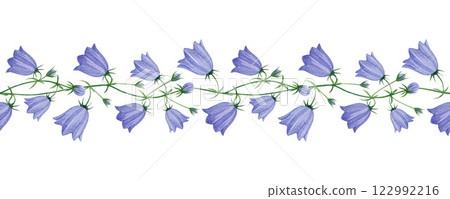 Campanula blue bellflowers elegant seamless border decor element. Vintage style painted watercolor illustration. Elegant summer meadow bluebell flowers seamless border decoration on white background 122992216